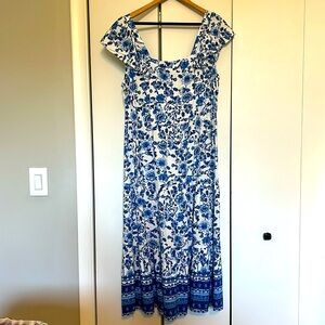 White and blue maxi dress with flutter short sleeves